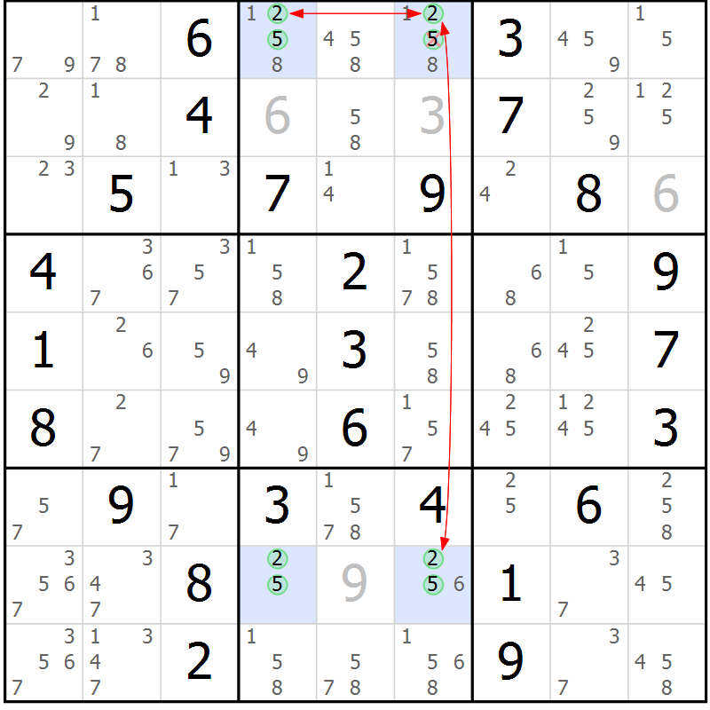 Position des candidats pour la solution de la Gr 5 page 8 du magazine de sudoku Maestro n° 085