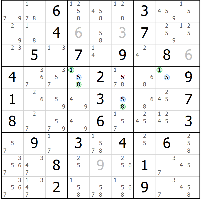 Position des candidats pour la solution de la Gr 5 page 8 du magazine de sudoku Maestro n° 085