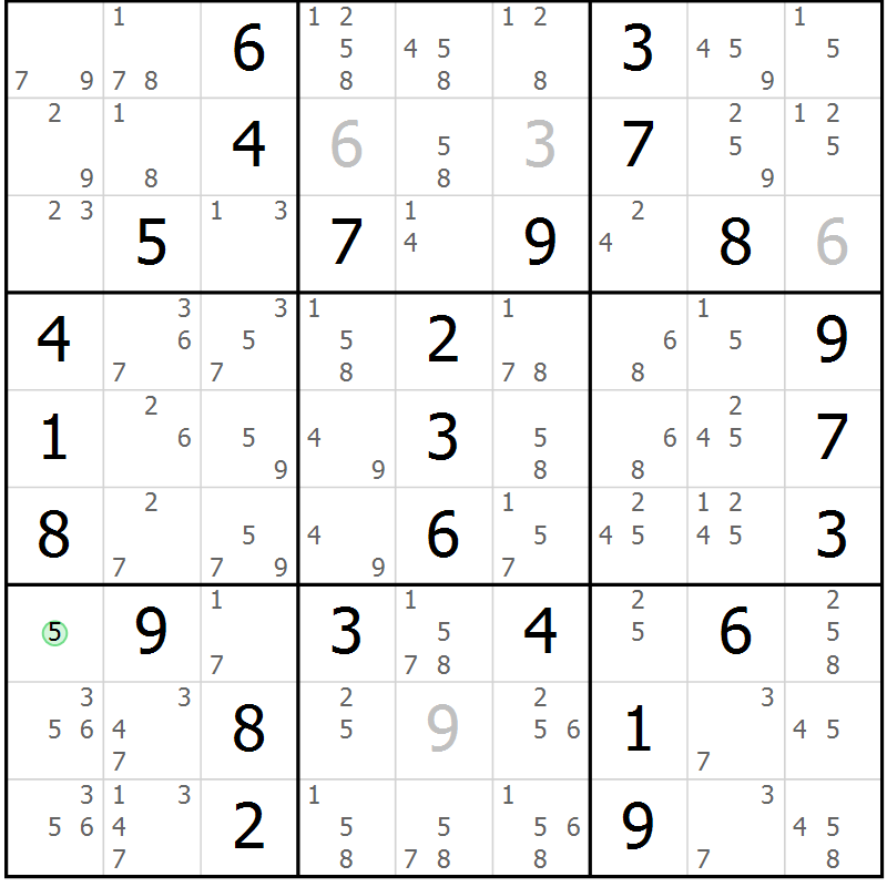 Position des candidats pour la solution de la Gr 5 page 8 du magazine de sudoku Maestro n° 085