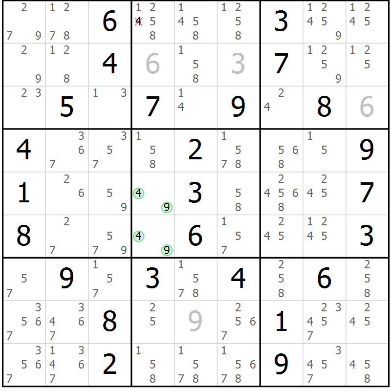 Position des candidats pour la solution de la Gr 5 page 8 du magazine de sudoku Maestro n° 085