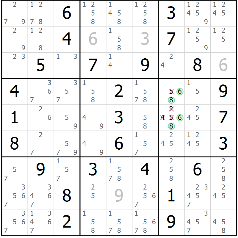 Position des candidats pour la solution de la Gr 5 page 8 du magazine de sudoku Maestro n° 085
