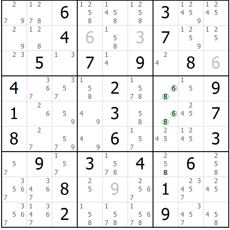 Position des candidats pour la solution de la Gr 5 page 8 du magazine de sudoku Maestro n° 085