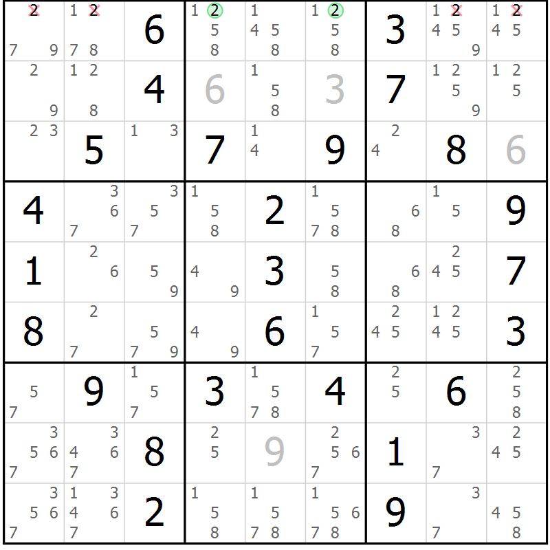 Position des candidats pour la solution de la Gr 5 page 8 du magazine de sudoku Maestro n° 085