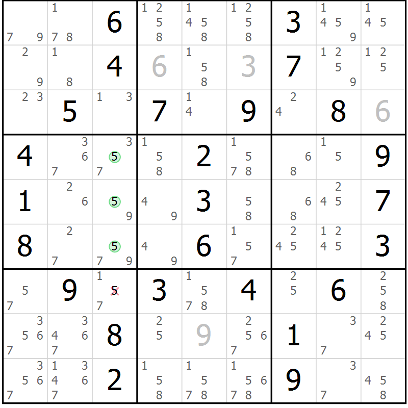 Position des candidats pour la solution de la Gr 5 page 8 du magazine de sudoku Maestro n° 085