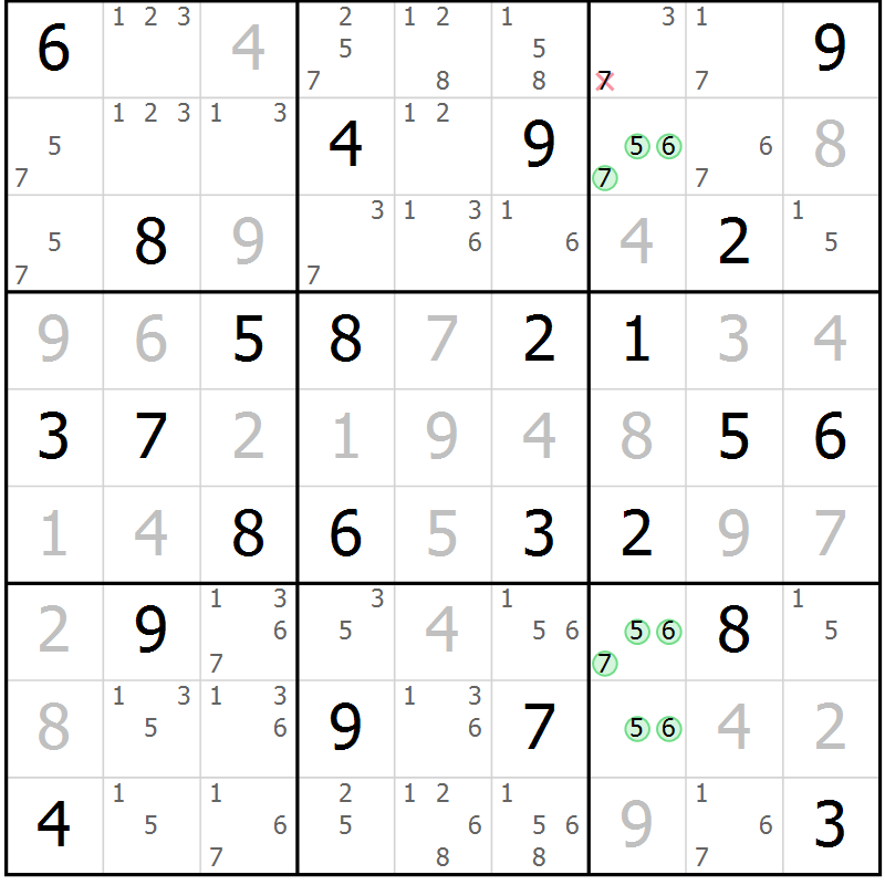 Position des candidats pour la solution de la Gr 50 page 53 du magazine de sudoku Maestro n° 085