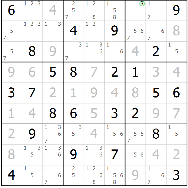 Position des candidats pour la solution de la Gr 50 page 53 du magazine de sudoku Maestro n° 085
