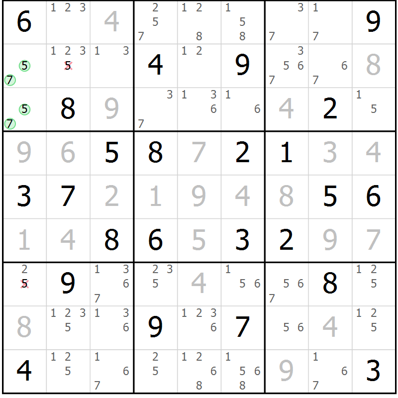 Position des candidats pour la solution de la Gr 50 page 53 du magazine de sudoku Maestro n° 085