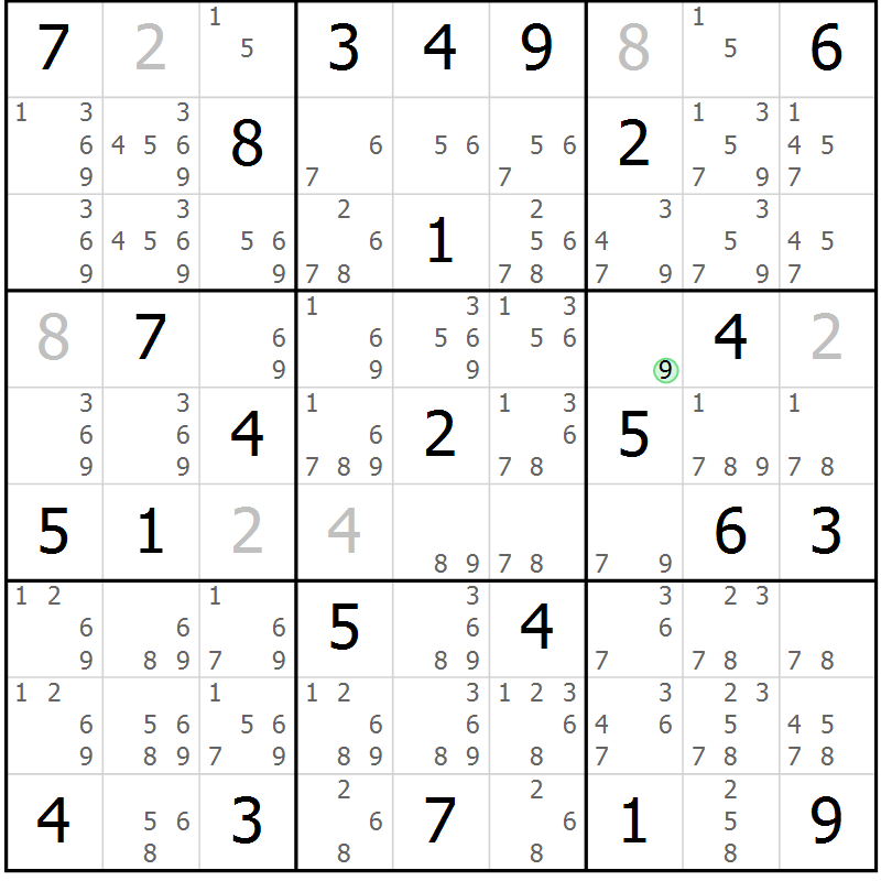 Position des candidats pour la solution de la Gr 51 page 54 du magazine de sudoku Maestro n° 085