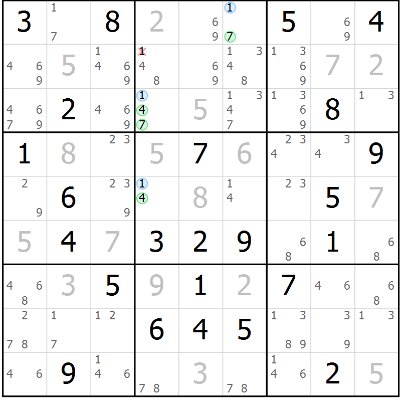 Position des candidats pour la solution de la Gr 52 page 55 du magazine de sudoku Maestro n° 085