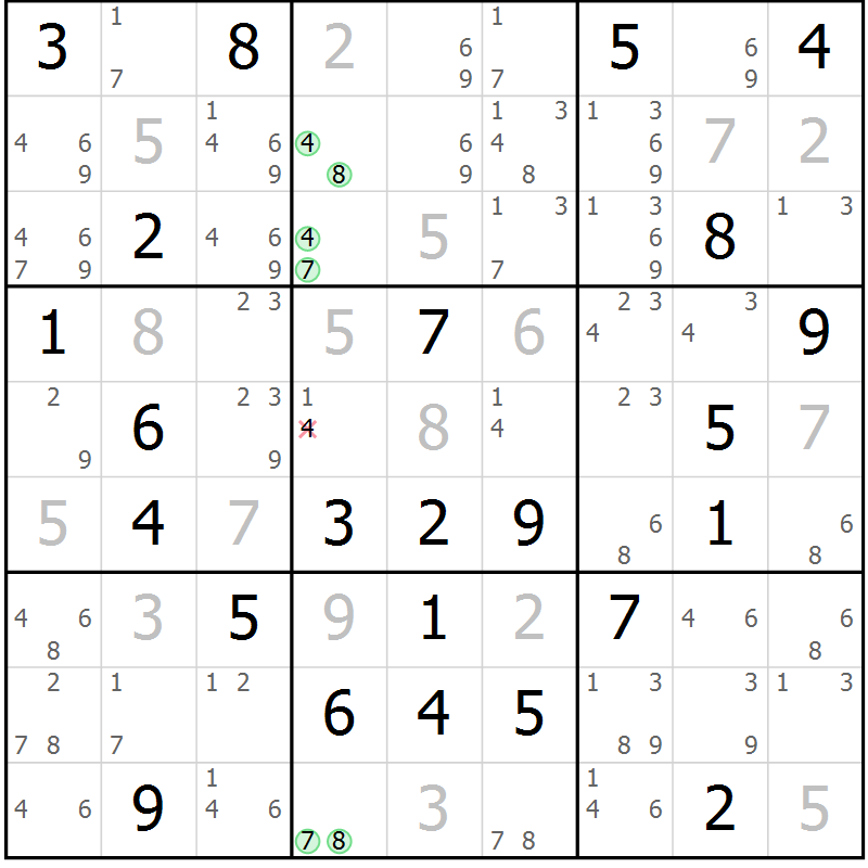 Position des candidats pour la solution de la Gr 52 page 55 du magazine de sudoku Maestro n° 085