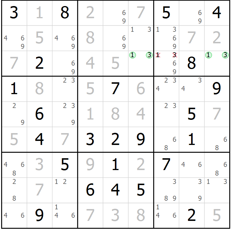 Position des candidats pour la solution de la Gr 52 page 55 du magazine de sudoku Maestro n° 085