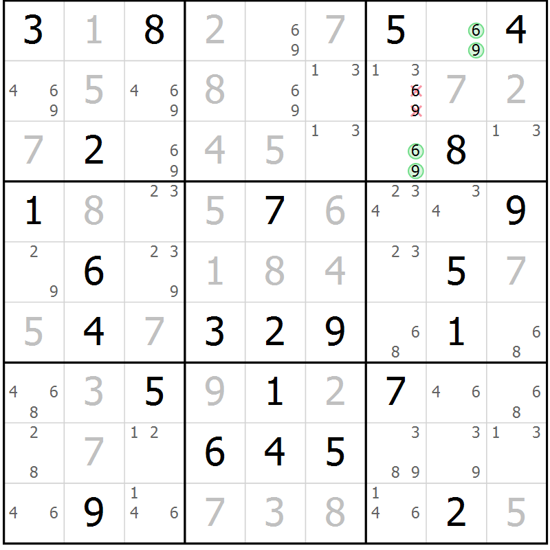 Position des candidats pour la solution de la Gr 52 page 55 du magazine de sudoku Maestro n° 085