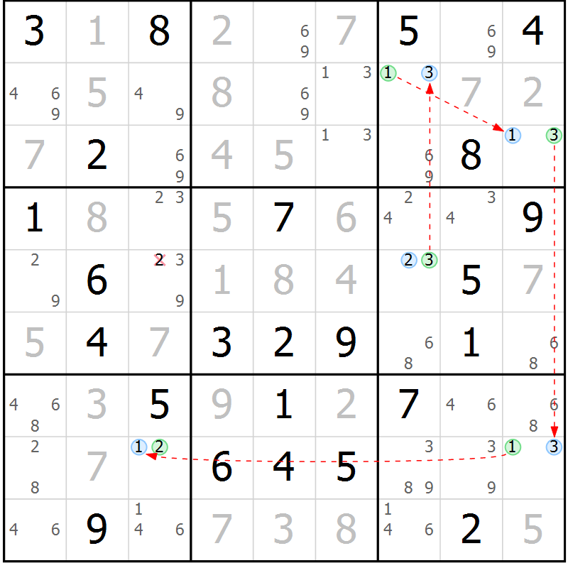 Position des candidats pour la solution de la Gr 52 page 55 du magazine de sudoku Maestro n° 085