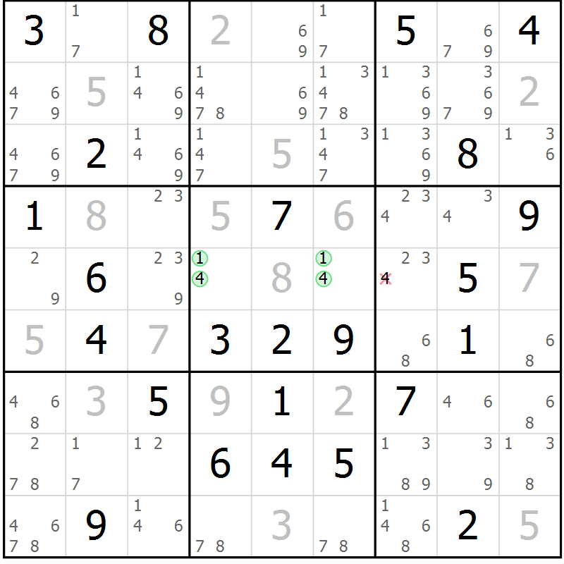 Position des candidats pour la solution de la Gr 52 page 55 du magazine de sudoku Maestro n° 085