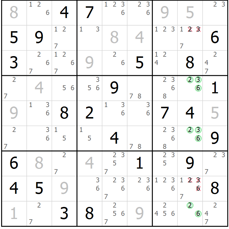 Position des candidats pour la solution de la Gr 53 page 56 du magazine de sudoku Maestro n° 085
