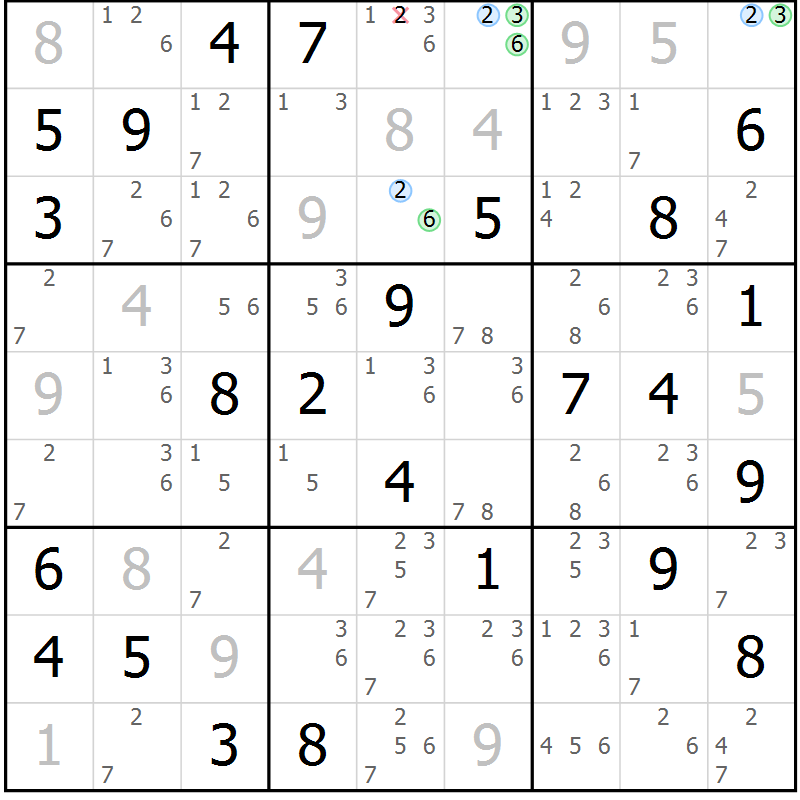 Position des candidats pour la solution de la Gr 53 page 56 du magazine de sudoku Maestro n° 085