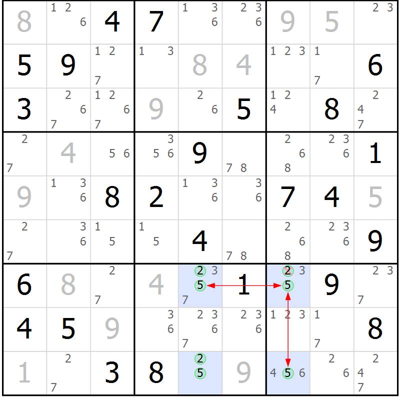 Position des candidats pour la solution de la Gr 53 page 56 du magazine de sudoku Maestro n° 085
