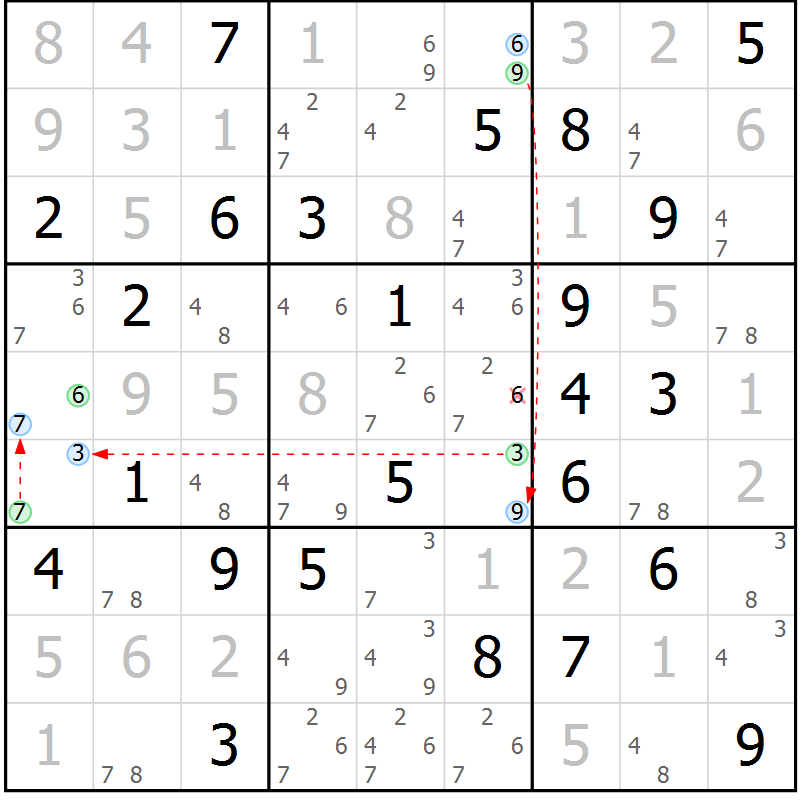 Position des candidats pour la solution de la Gr 54 page 57 du magazine de sudoku Maestro n° 085