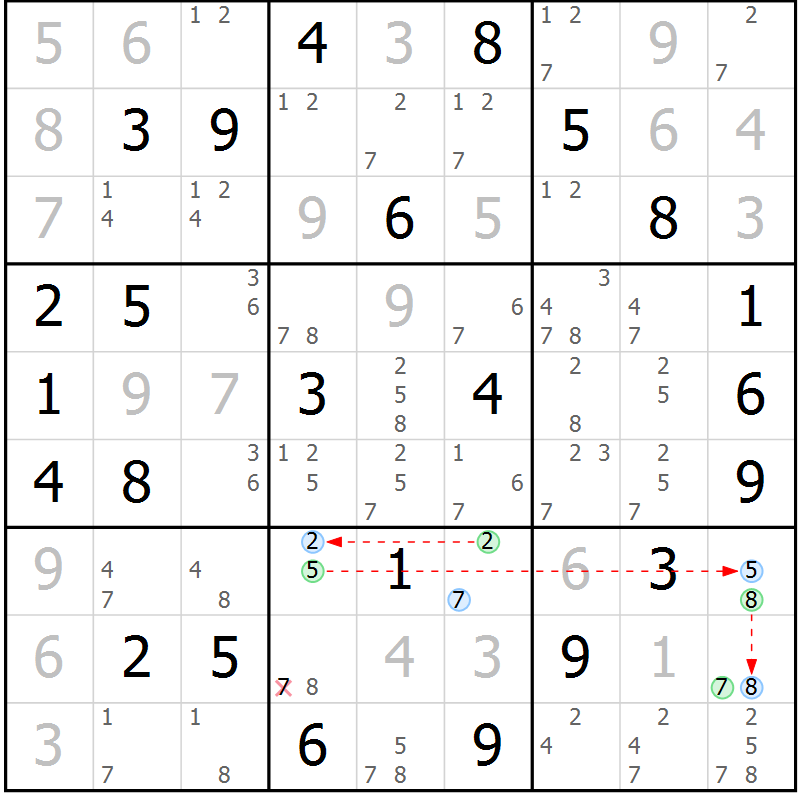 Position des candidats pour la solution de la Gr 55 page 58 du magazine de sudoku Maestro n° 085