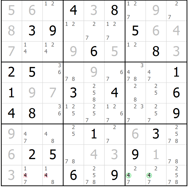 Position des candidats pour la solution de la Gr 55 page 58 du magazine de sudoku Maestro n° 085