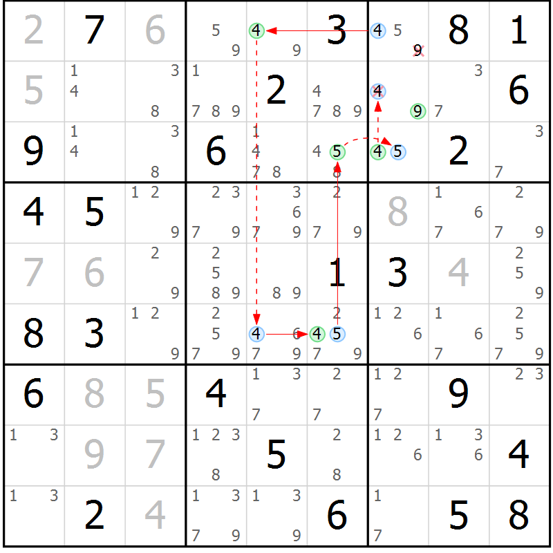 Position des candidats pour la solution de la Gr 56 page 59 du magazine de sudoku Maestro n° 085