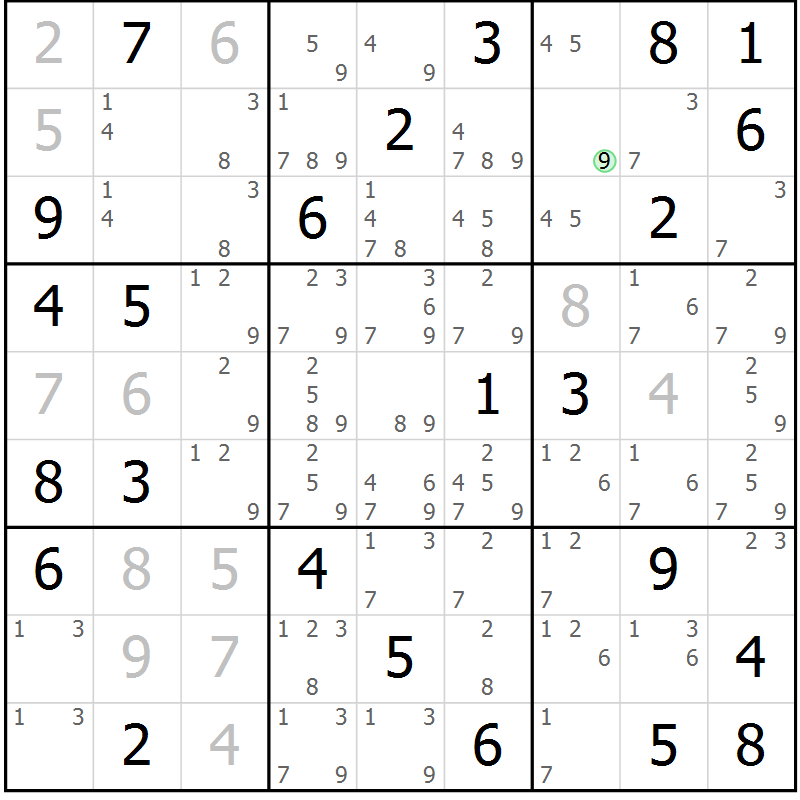 Position des candidats pour la solution de la Gr 56 page 59 du magazine de sudoku Maestro n° 085