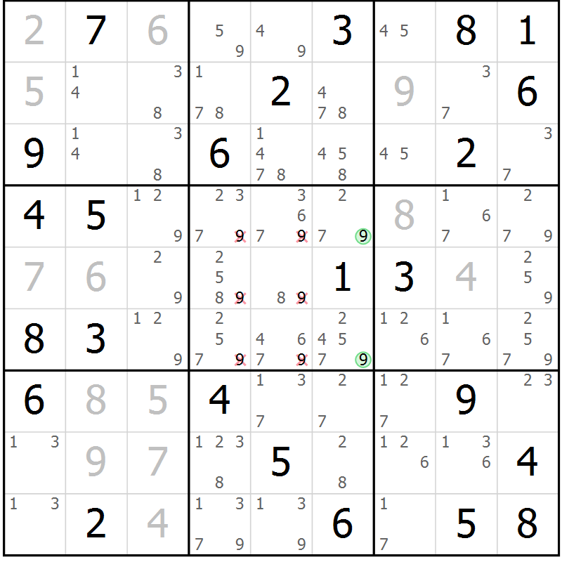 Position des candidats pour la solution de la Gr 56 page 59 du magazine de sudoku Maestro n° 085