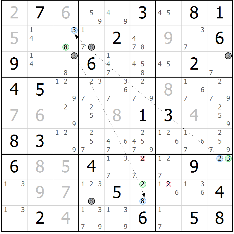 Position des candidats pour la solution de la Gr 56 page 59 du magazine de sudoku Maestro n° 085