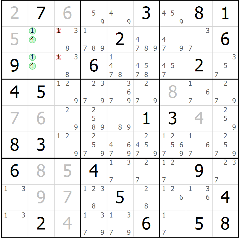 Position des candidats pour la solution de la Gr 56 page 59 du magazine de sudoku Maestro n° 085