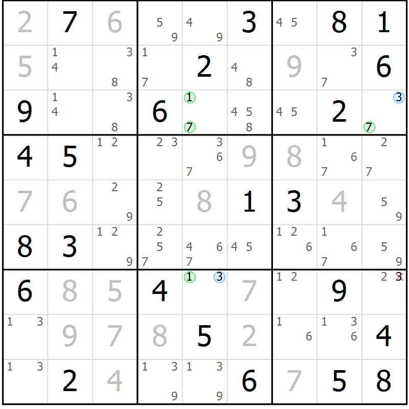 Position des candidats pour la solution de la Gr 56 page 59 du magazine de sudoku Maestro n° 085