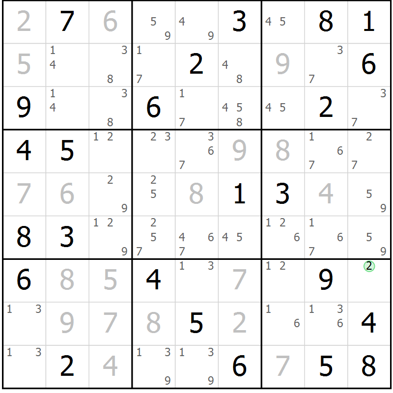 Position des candidats pour la solution de la Gr 56 page 59 du magazine de sudoku Maestro n° 085