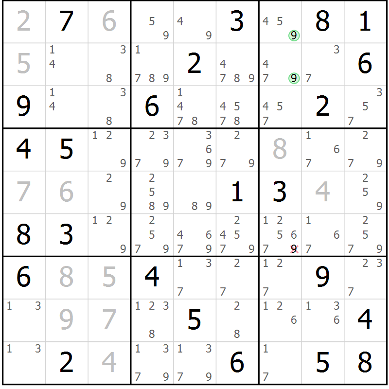 Position des candidats pour la solution de la Gr 56 page 59 du magazine de sudoku Maestro n° 085