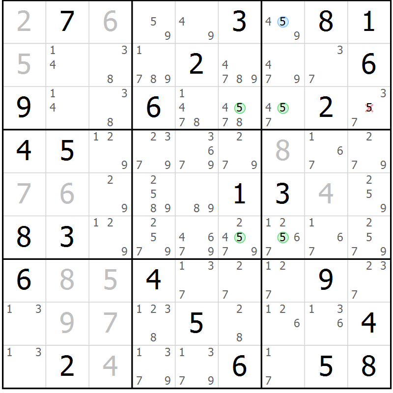Position des candidats pour la solution de la Gr 56 page 59 du magazine de sudoku Maestro n° 085