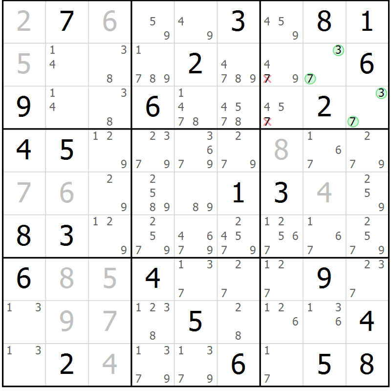 Position des candidats pour la solution de la Gr 56 page 59 du magazine de sudoku Maestro n° 085