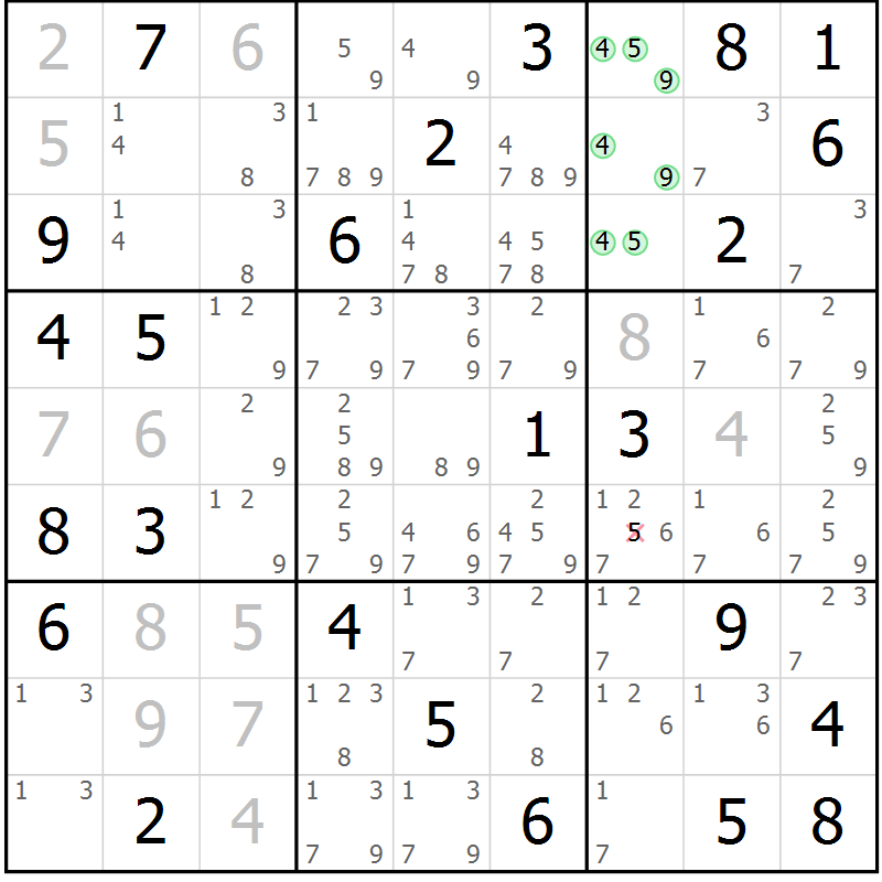 Position des candidats pour la solution de la Gr 56 page 59 du magazine de sudoku Maestro n° 085
