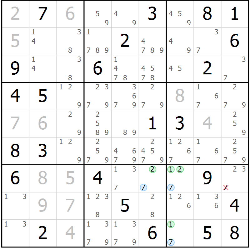 Position des candidats pour la solution de la Gr 56 page 59 du magazine de sudoku Maestro n° 085