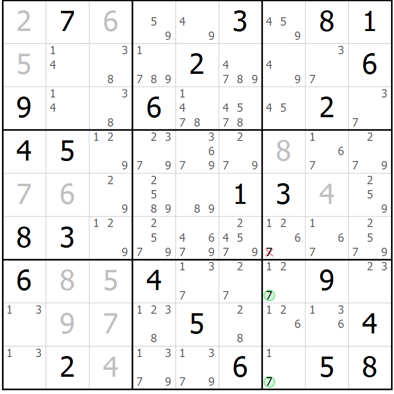 Position des candidats pour la solution de la Gr 56 page 59 du magazine de sudoku Maestro n° 085