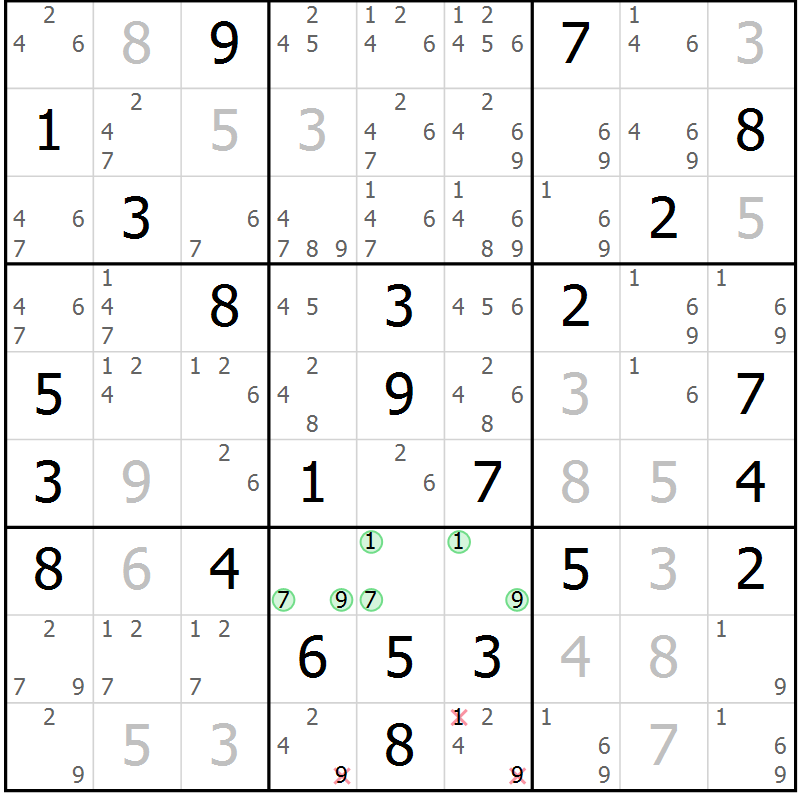 Position des candidats pour la solution de la Gr 57 page 60 du magazine de sudoku Maestro n° 085