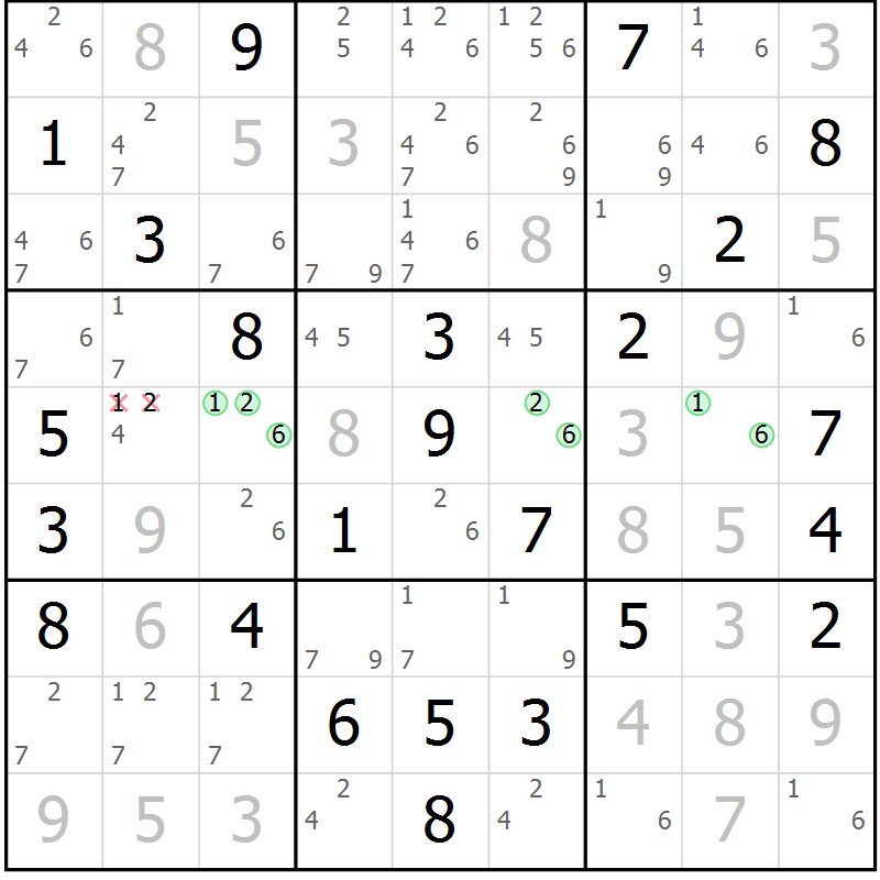 Position des candidats pour la solution de la Gr 57 page 60 du magazine de sudoku Maestro n° 085