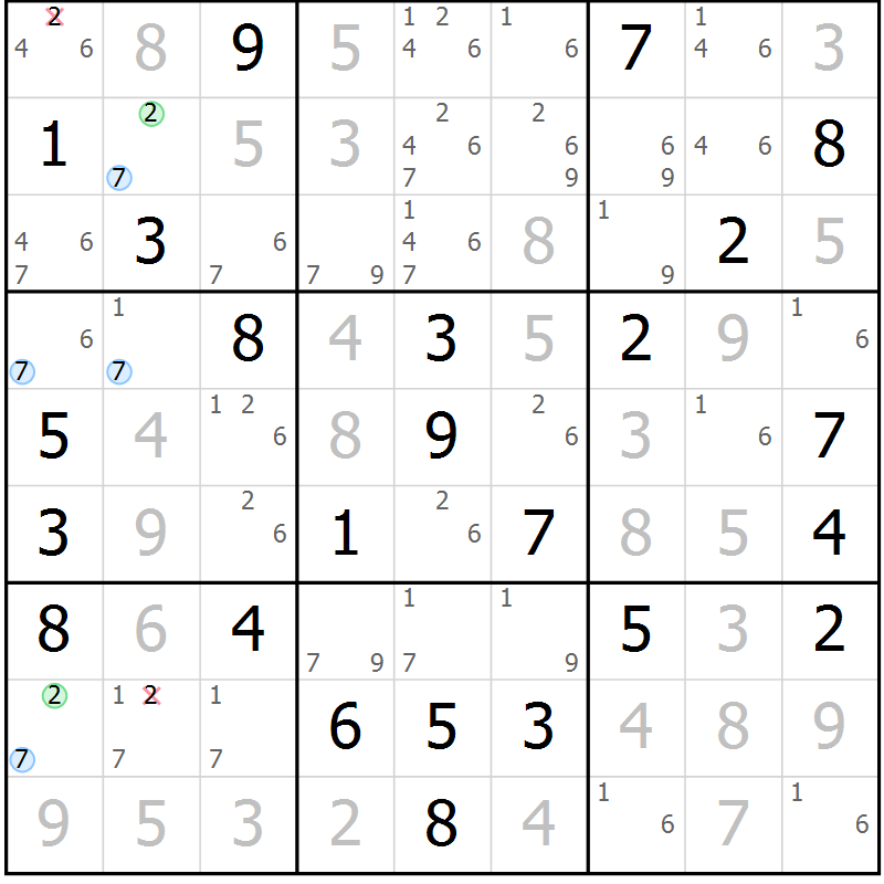 Position des candidats pour la solution de la Gr 57 page 60 du magazine de sudoku Maestro n° 085