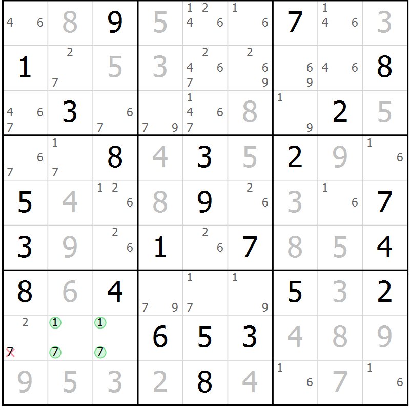 Position des candidats pour la solution de la Gr 57 page 60 du magazine de sudoku Maestro n° 085