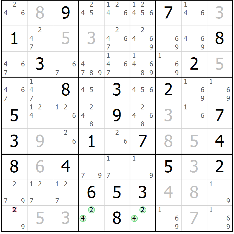 Position des candidats pour la solution de la Gr 57 page 60 du magazine de sudoku Maestro n° 085