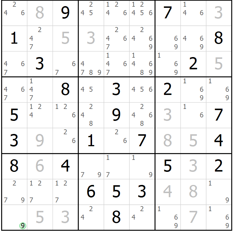 Position des candidats pour la solution de la Gr 57 page 60 du magazine de sudoku Maestro n° 085
