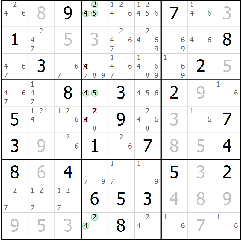 Position des candidats pour la solution de la Gr 57 page 60 du magazine de sudoku Maestro n° 085