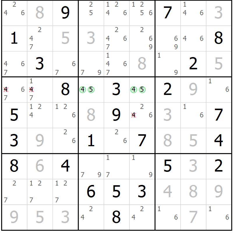Position des candidats pour la solution de la Gr 57 page 60 du magazine de sudoku Maestro n° 085