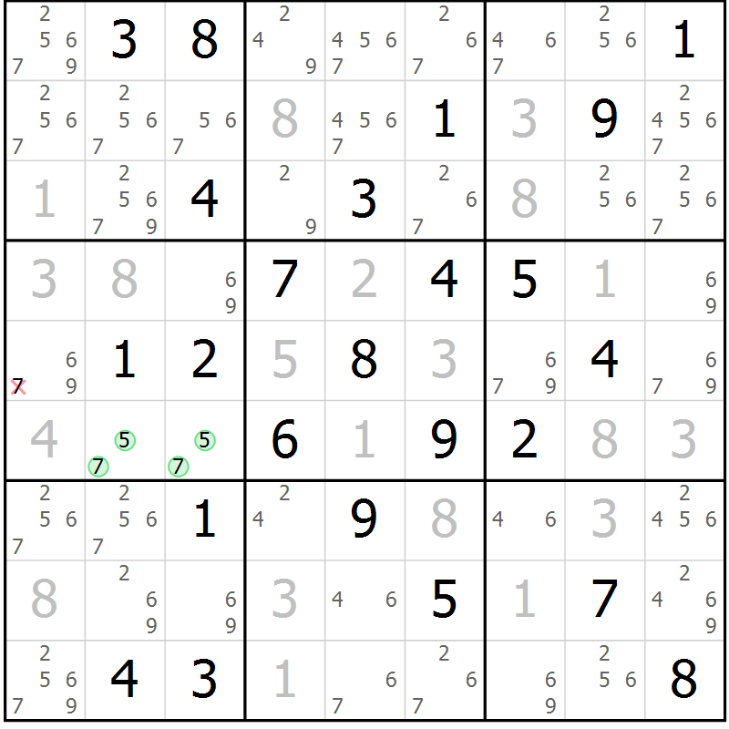 Position des candidats pour la solution de la Gr 58 page 61 du magazine de sudoku Maestro n° 085