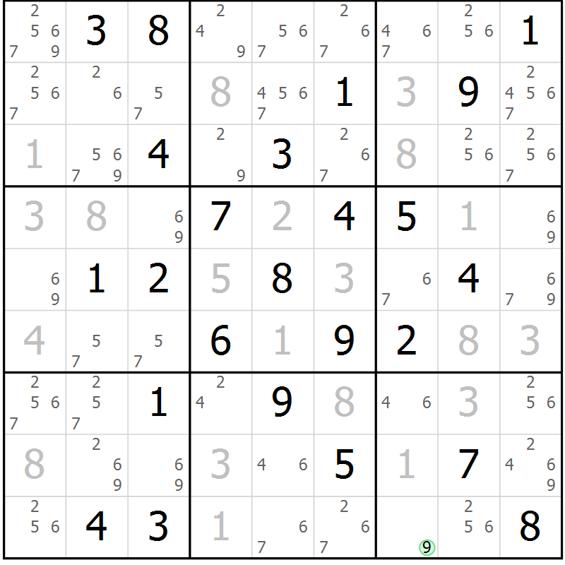 Position des candidats pour la solution de la Gr 58 page 61 du magazine de sudoku Maestro n° 085