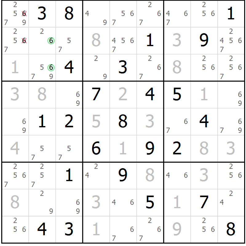 Position des candidats pour la solution de la Gr 58 page 61 du magazine de sudoku Maestro n° 085