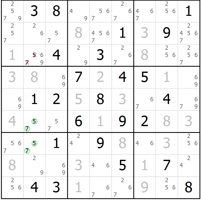 Position des candidats pour la solution de la Gr 58 page 61 du magazine de sudoku Maestro n° 085