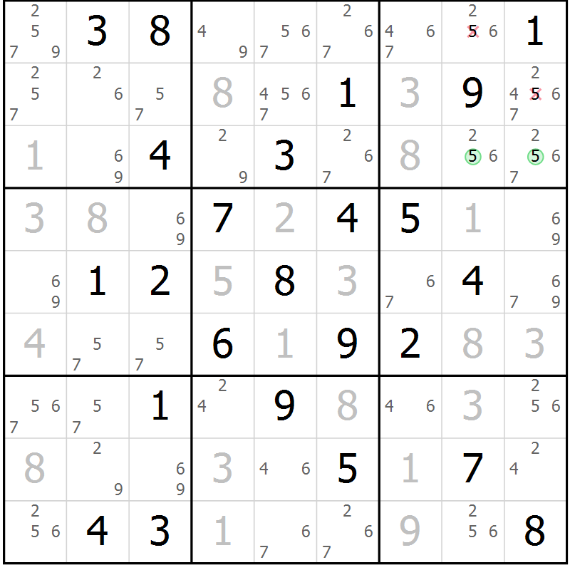 Position des candidats pour la solution de la Gr 58 page 61 du magazine de sudoku Maestro n° 085